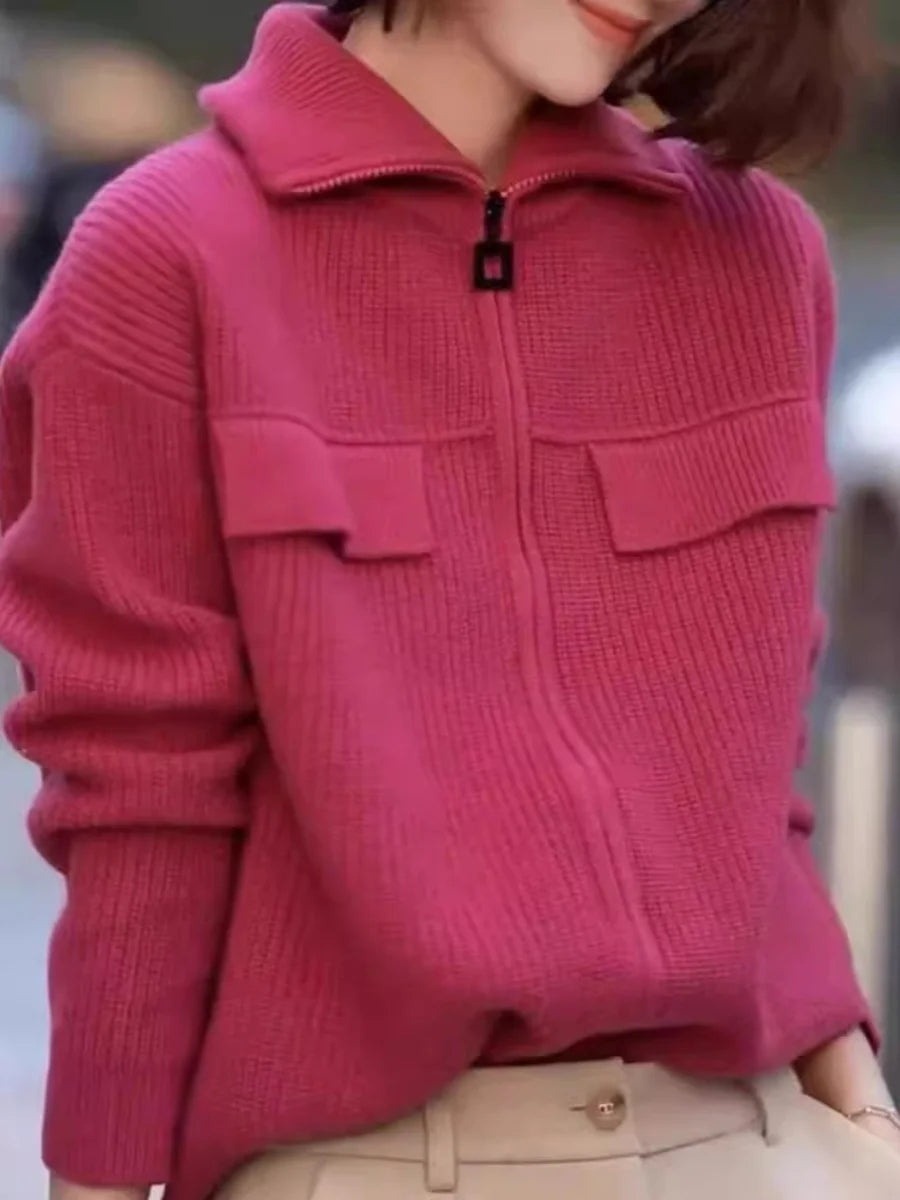 New 100% pure cashmere cardigan in autumn and winter women's POLO collar cashmere rose red coat knitted hooded sweater