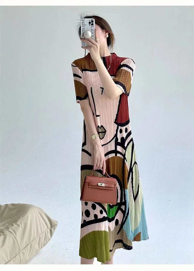 Long Dresses Womens Dresses Spring and Summer new Cartoon Printing Short Sleeve Temperament Fashion Loose Long Dress Female