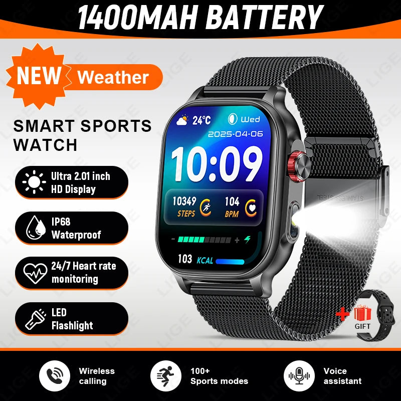 LIGE New Smart Watch Men Women 1400mAh Ultra Battery 2.01Inch HD Screen LED Flashlight IP68 Waterproof Bluetooth Call SmartWatch
