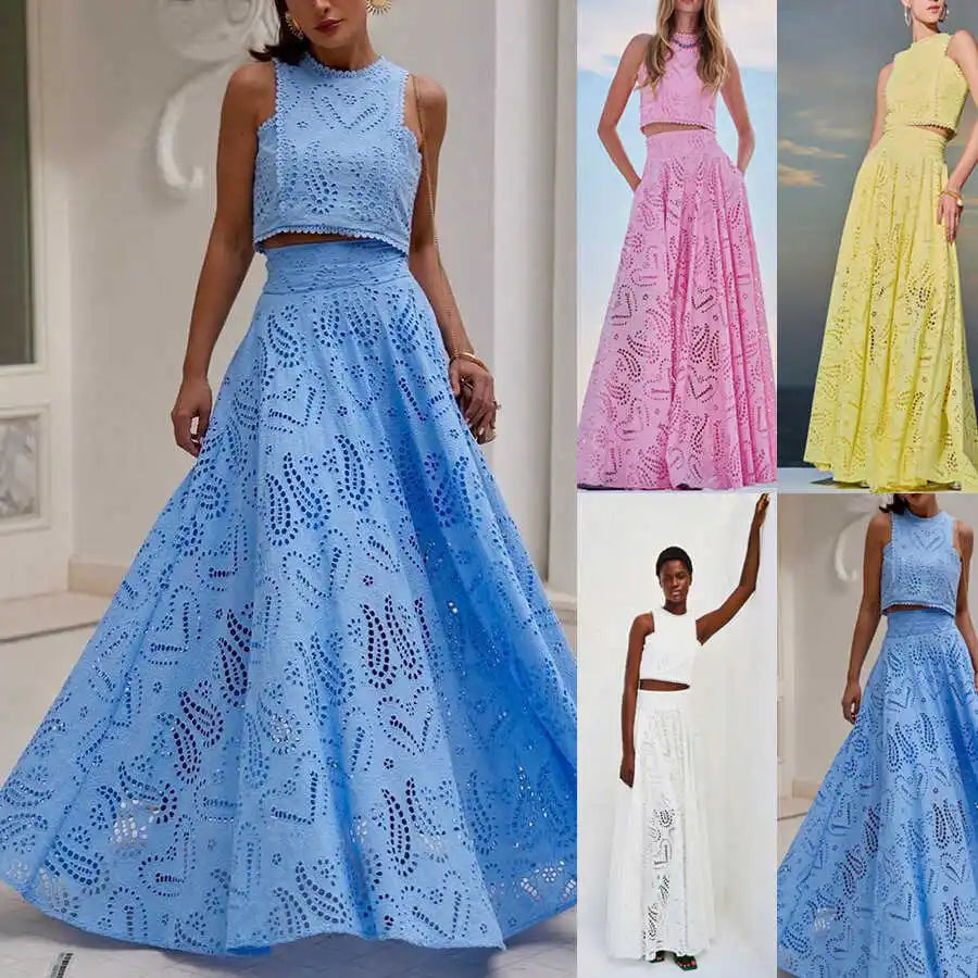 Casual Summer Spring Svel Long Dr Two Piece Set Women's Loose Holiday Sle Top And Skirt Ensemble Faionable Outfit