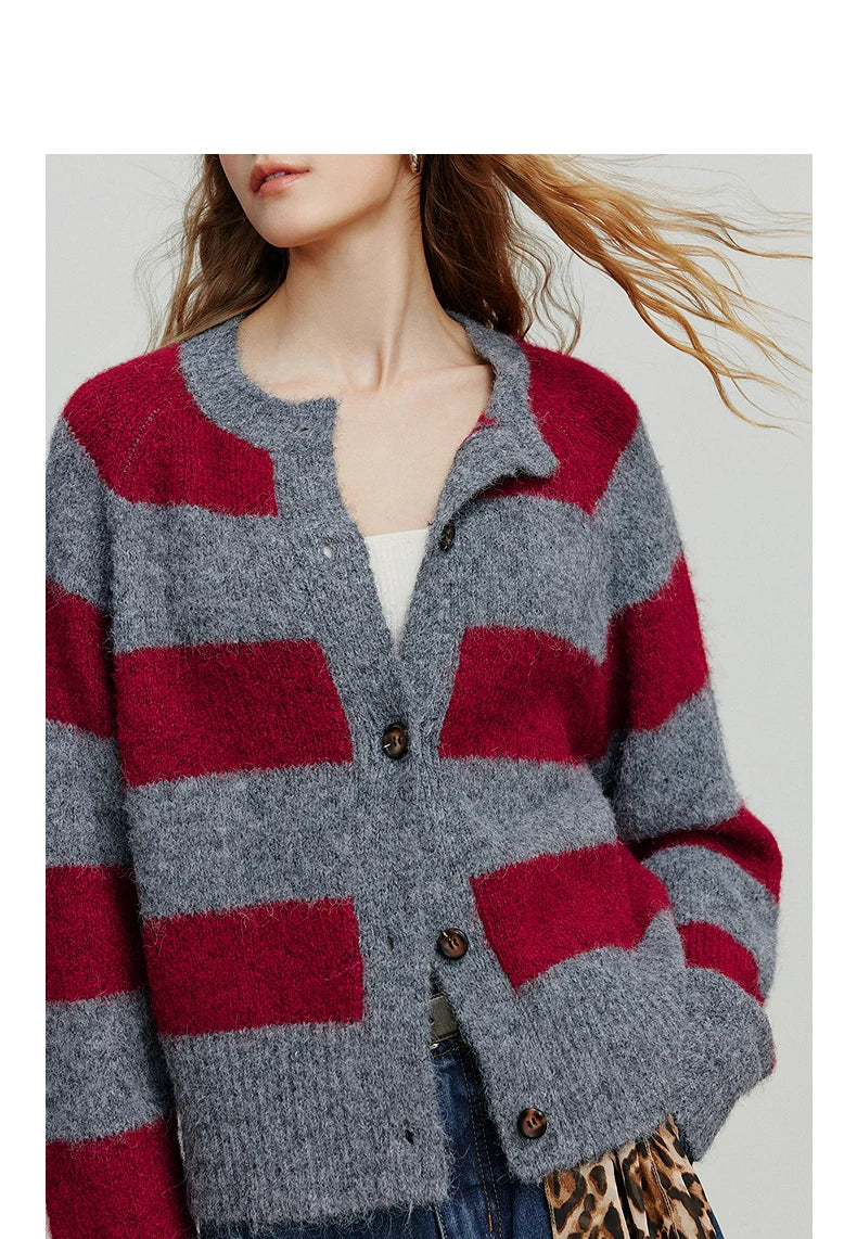 TOYOUTH Women Sweater 2025 Autumn New Color Contrasting Lulu Style Striped Cardigan Tops