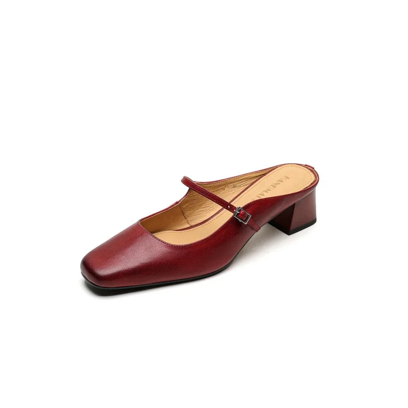 2026 New Summer Women Mules Genuine Leather Women Shoes Squared Toe med Heel Cover Toe Slingback Shallow Modern Slippers