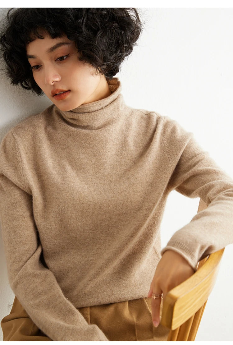 Women's 100% Cashmere Sweater Casual Solid Color Knitted Pullover Loose High Neck Jumper Autumn/Winter Warm Blouse Tops