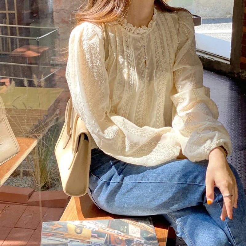 Elegant Lace Women Fashion Blouse New Spring Autumn Long Sleeve Casual Office Loose Shirt Ladies Stand Collar Simple Top Clothes