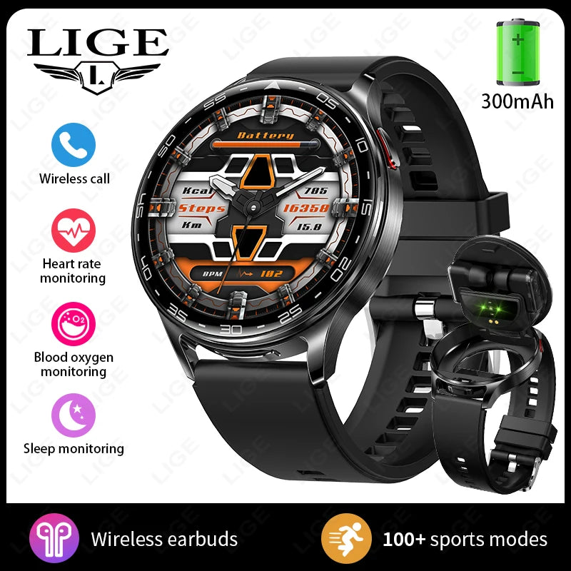 LIGE 2 In 1 TWS Headset Smart Watch 1.39" Women Men Sport Fitness Heart Rate Health Tracker Watches Earphone Music Smartwatch