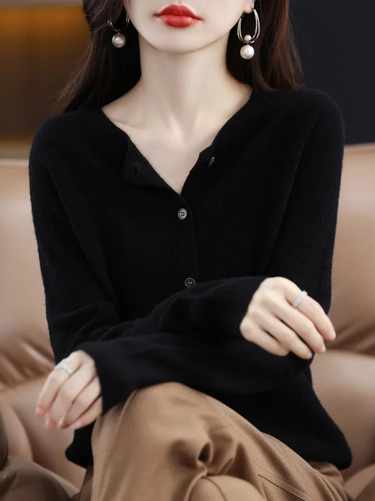 Women Cashmere Sweater 100% Merino Wool Knitted Cardigan Autumn Winter  Knitwear O-Neck Female  Solid Color Casual Fashion Top