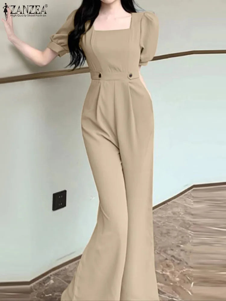 ZANZEA Summer Puff Sleeve Square Collar Rompers Fashion Party Jumpsuits Woman Elegant Solid Color Loose Playsuits Trousers 2024