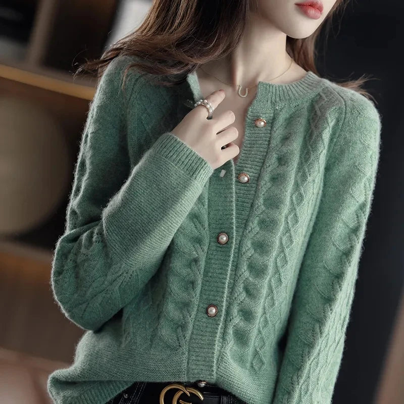 Cashmere Sweater Cardigan Women Single Breasted Long Sleeve Elegant Vintage Jumper Solid Wool Knitted Autumn Winter Outwear