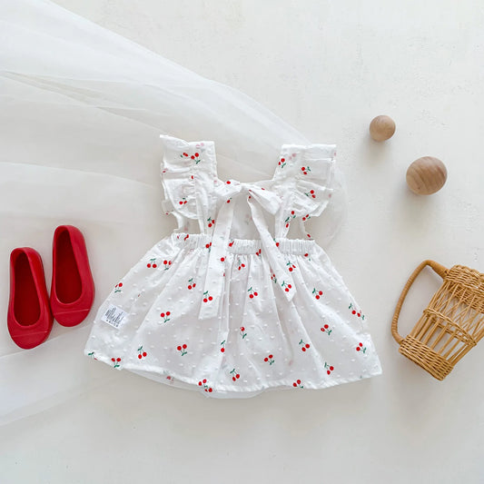 Ins Infant Girls Dress Lightweight Fresh Fashion Cherry Print Cute Baby Girls Princess Dress Bow Newborn Girls Dress