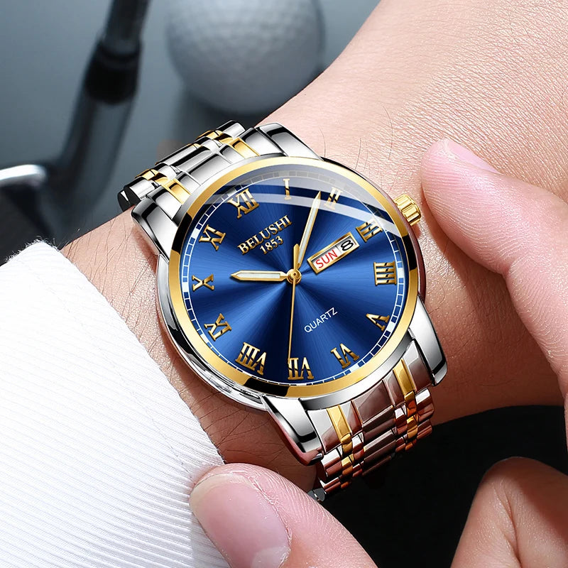 BELUSHI Luminous Luxury Watch Men Top Brand Waterproof Fashion Roman Numerals Stainless Steel Quartz Wristwatches Man Gift Clock