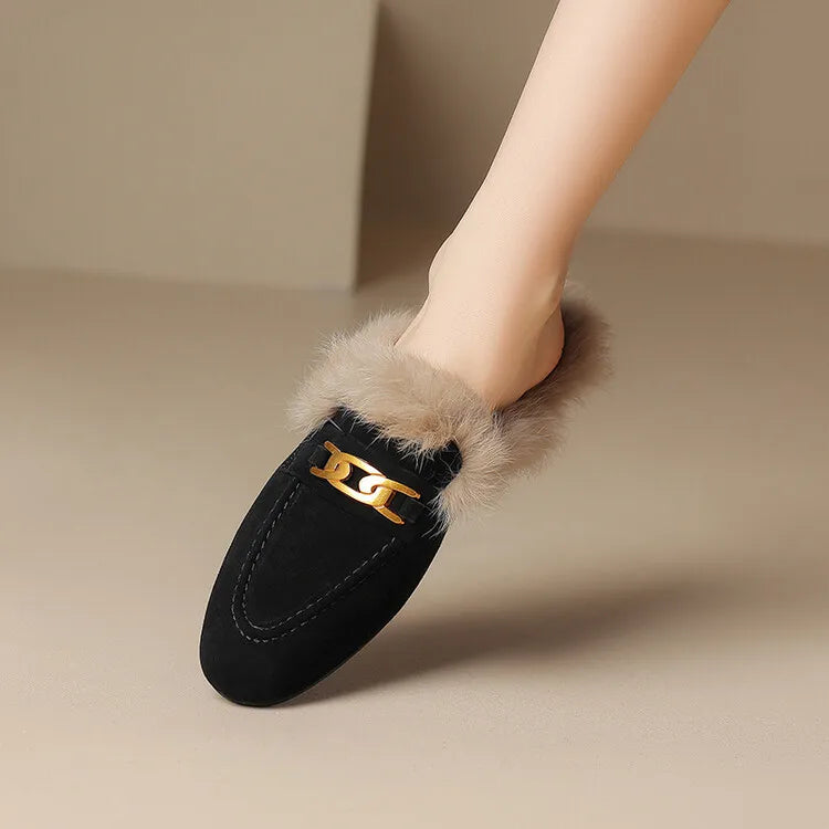 2023 Winter Sheep Suede Women Shoes Rabbit Hair Mules Shoes for Women Round Toe Low Heel Slippers Chunky Heel Cover Toe Slippers