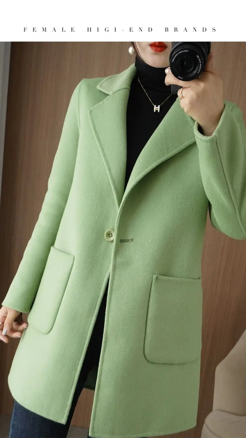 100% Pure Wool Double-Sided Cashmere Jacket Women Overcoat  Autumn Winter New Mid-Length One-Button Slim Wool Windbreakers coat