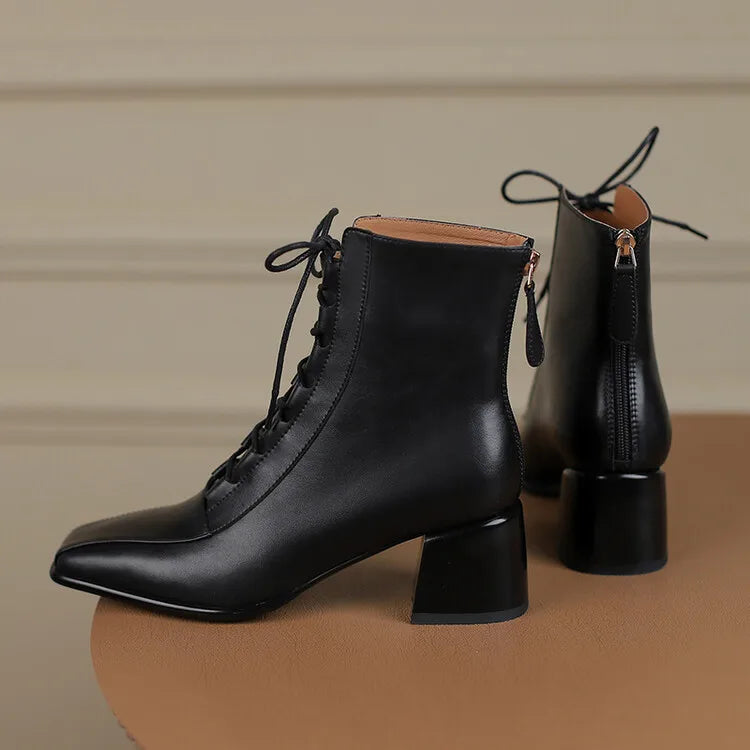 2022 Autumn Women Boots Square Toe Back Zipper Women Shoes Chunky Heels Shoes for Women High Heel Boots Vintage Leather Shoes