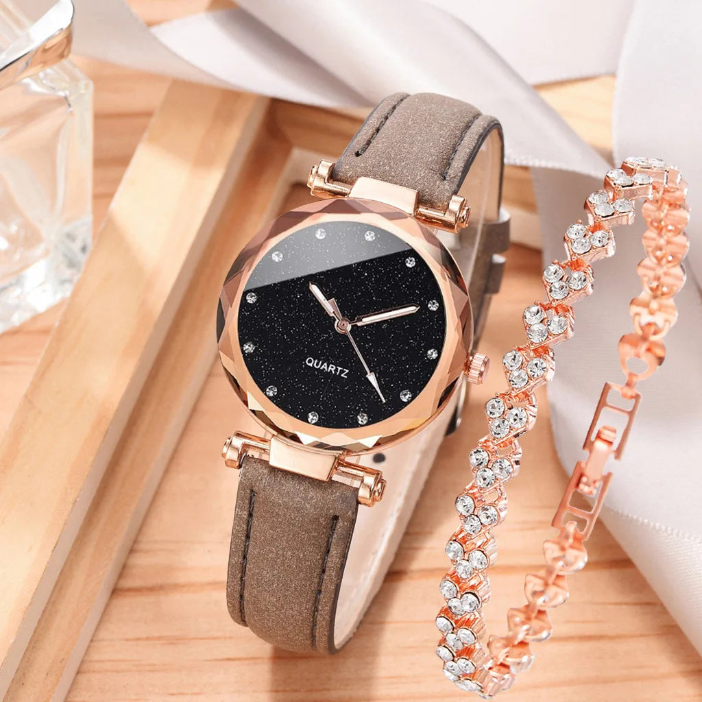 2pcs Luxury Fashion Women Watch Set PU Leather Strap Ladies Quartz Wristwatch Rhinestone RoseGold Alloy Bracelet For Ladies Gift