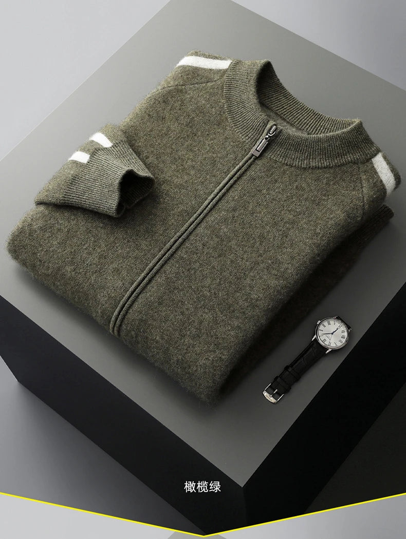 Winter Cashmere Sweater Men's Round Neck Knitted Jacket Contrast Striped Zipper Cardigan Youth Wool Thick Sweater