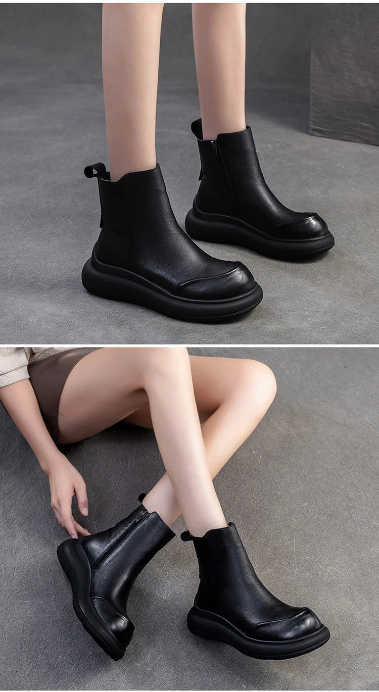 GKTINOO Genuine Leather Short Boots Women Shoes 2025 New Autumn Winter Round Toe Thick Soled Zip Handmade Platform Women Boots