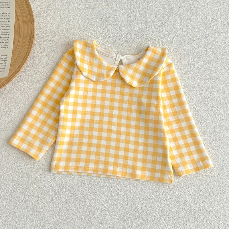 Children Clothes Infant Baby Girls Pullover Tops Long Sleeved Cotton Lattice Printing Newborn Baby Girls T-shirt