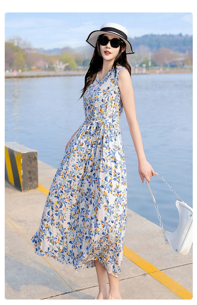 Spring Summer Dresses Fashion Female Sleeveless printed Casual Dress Women A-line Dresses Vestidos