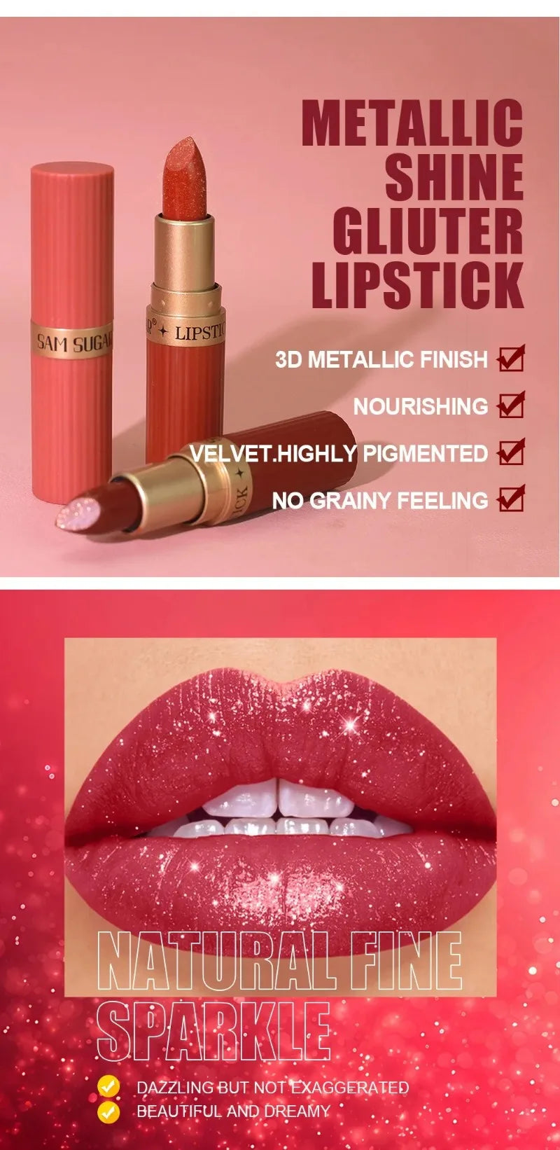 Pearlescent Pink Glitter Lipstick Metallic Waterproof Long Lasting Nude Matte Velvet Lip Stick Shimmer Diamond Women Sexy Makeup