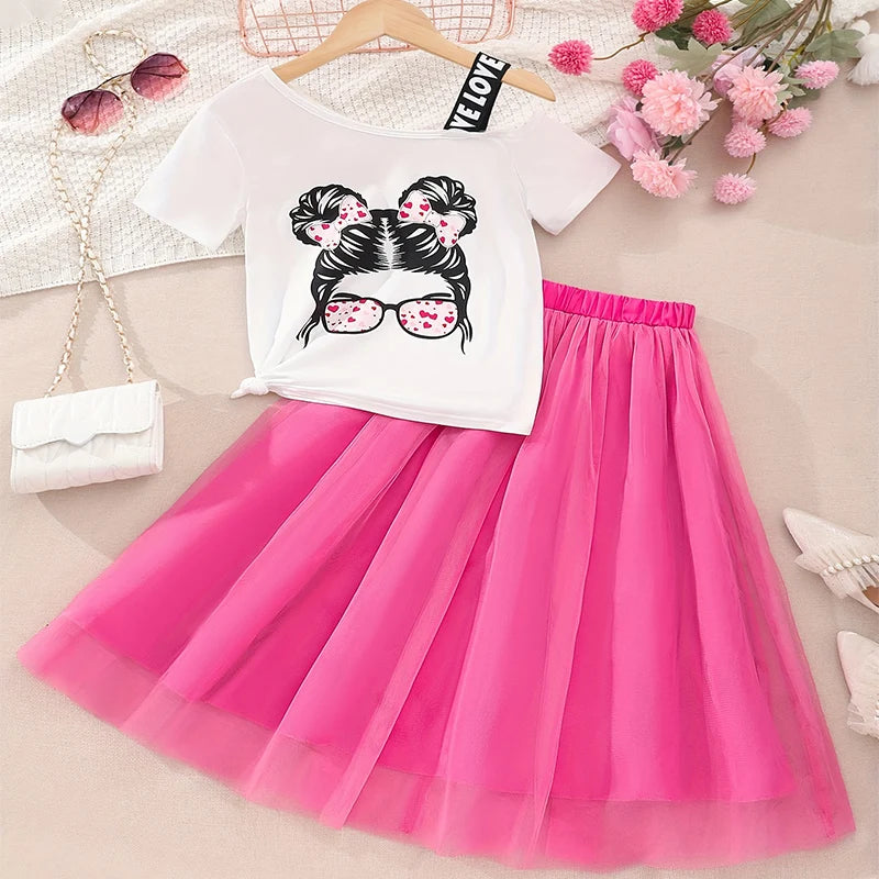 Two Piece Summer Girl Cute And Fashionable Print Off Shoulder Strap Short Sleeved Mesh Skirt Set Daily Party And Party Set
