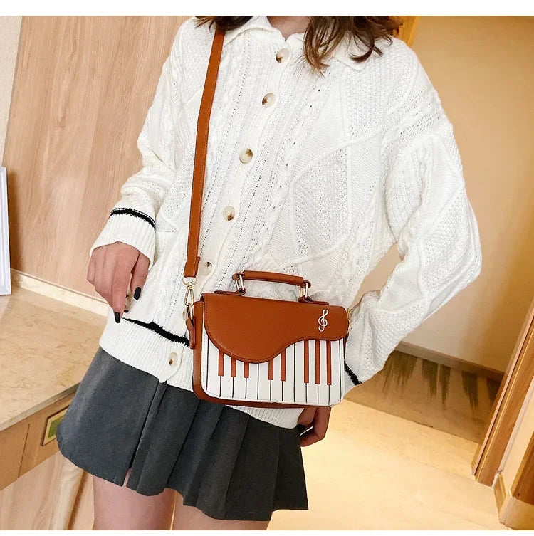 Piano Shape Flap Shoulder Bag Creative PU Leather Portable Handbag Detachable Strap Crossbody Novelty Bag