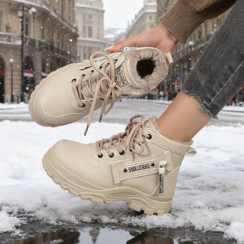 Women's Winter Snow Boots Warm Plush Lined Lace Up Chunky Platform Sneaker Booties Side Zipper Outdoor Walking Shoes for Ladies