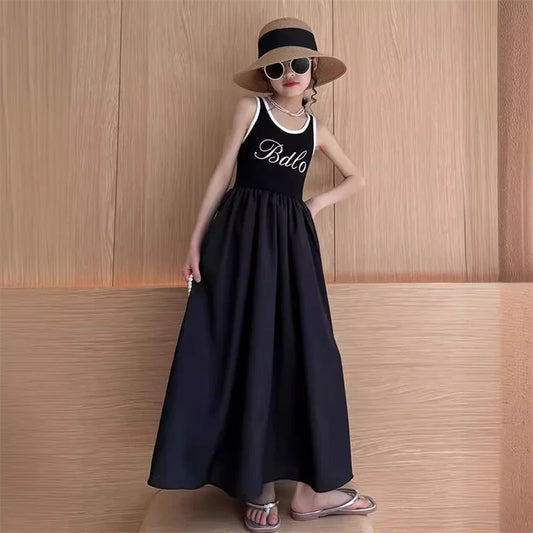 Girls Summer Long Dress Kids Casual Letter Vestidos Children Princess Gown Sleeveless Cool Clothes New Teenager Trends Dresses