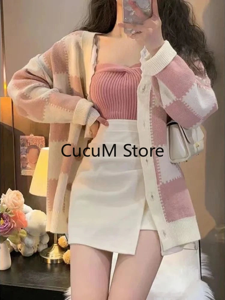 Y2k Knitted Sweater Suit Woman Elegant Fashion Suit Corset Vest + Casual Bodycon Skirt + Warm Plaid Sweater Cardigan Autumn