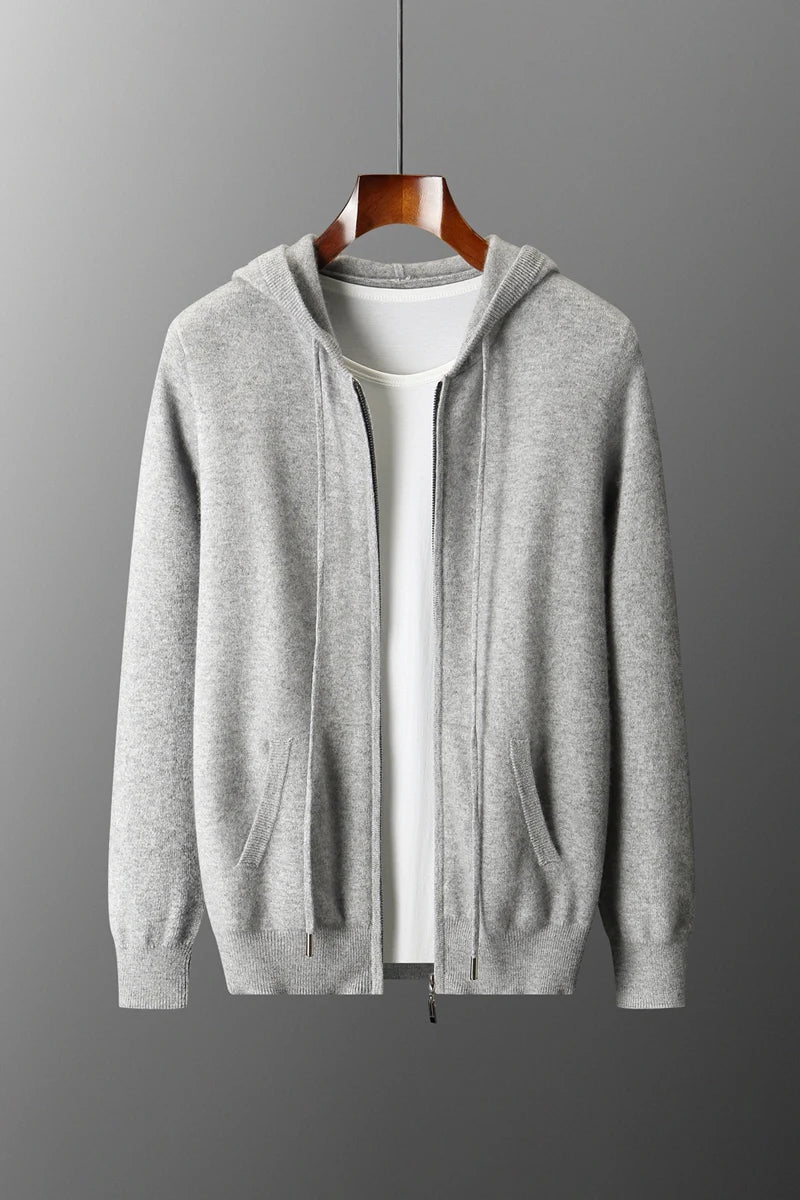 2025 New Men Knitted Plane Hooded Cardigan Cashmere Sweater Zipper Design Pocket Decoration High quality Thick Warmth Hoodie