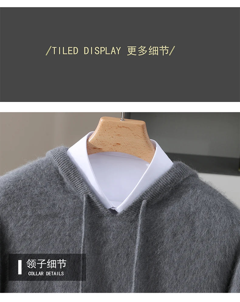 Men's Clothing: 100% Pure Mink Cashmere Knitted Sweater Casual And Loose Large-Sized Hooded Pullover Autumn Winter New Products