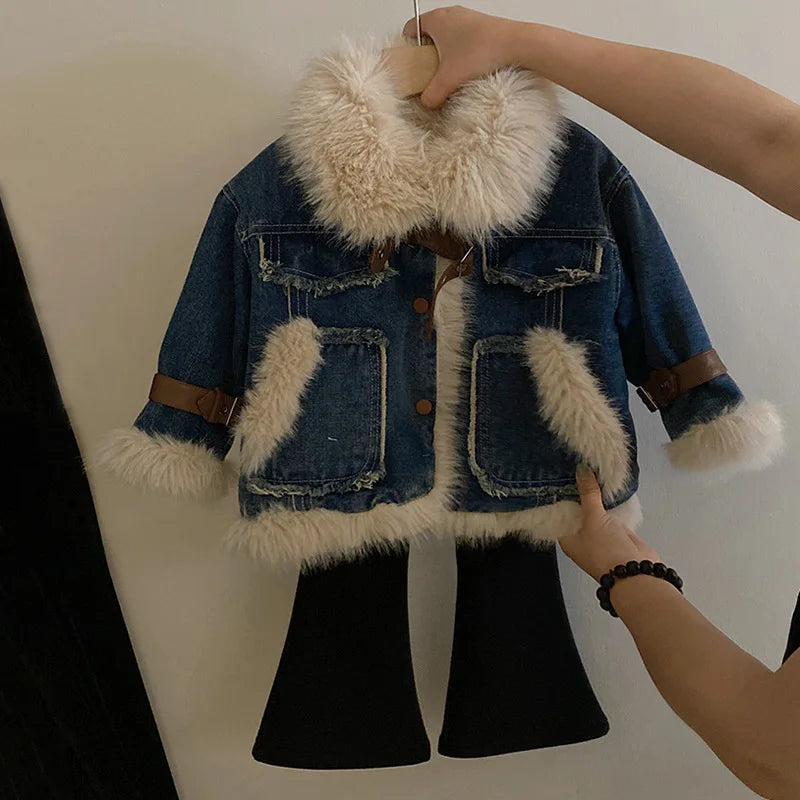 Ropa para niños, chaqueta para niños pequeños, abrigo de invierno, prendas de vestir exteriores, nuevo abrigo Polo de felpa para niñas, abrigo vaquero grueso y pantalones acampanados de terciopelo