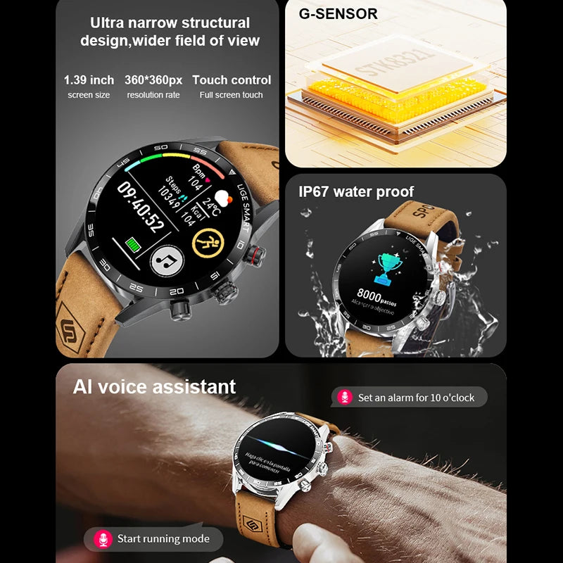 LIGE Men's Smart Watch Bluetooth Connection AMOLED Screen Smartwatch Men IP68 Waterproof Voice Call Samrtwatches for Android iOS