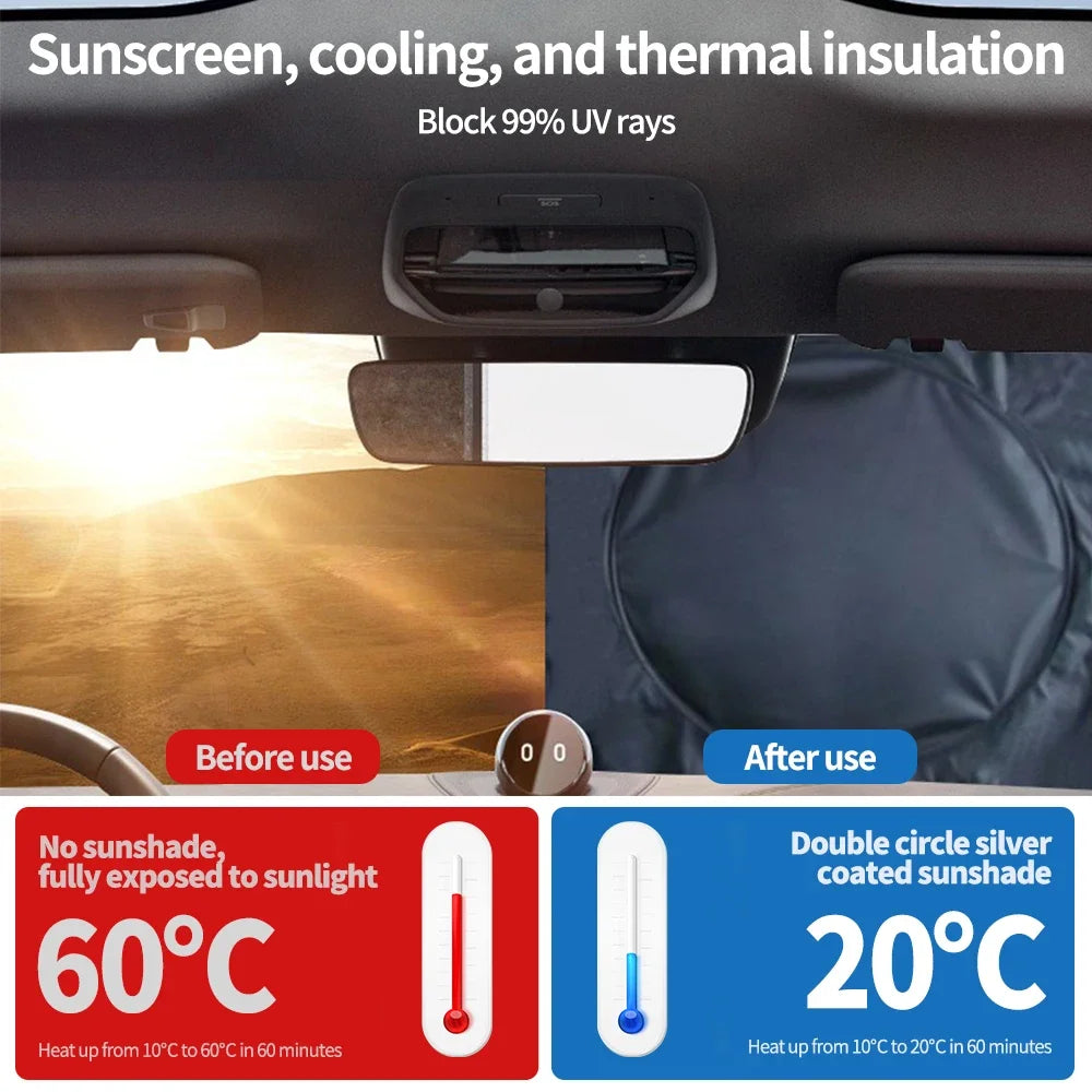 Car Sunshade Umbrella for Windshield, Foldable Parasol with 360° Rotating Handle, UV Protection Sun Shade for Summer