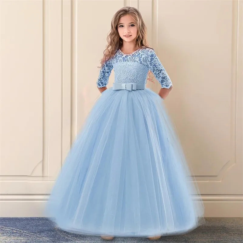 Elegant Princess Lace Dress Kids Flower Embroidery Dresses For Girls Vintage Children Dresses for Christmas Party Red Ball Gown