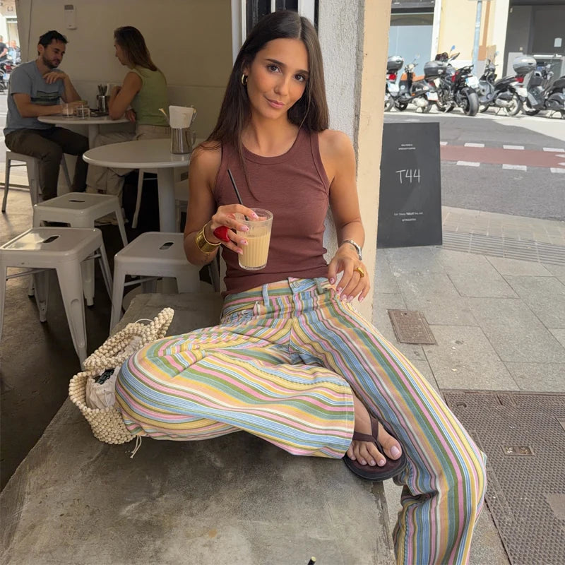 MUJER Striped Women's Jeans Pants Low Rise Baggy Pants Jeans Women Fashion Summer Denim Trousers Women Wide Leg Pants for Women