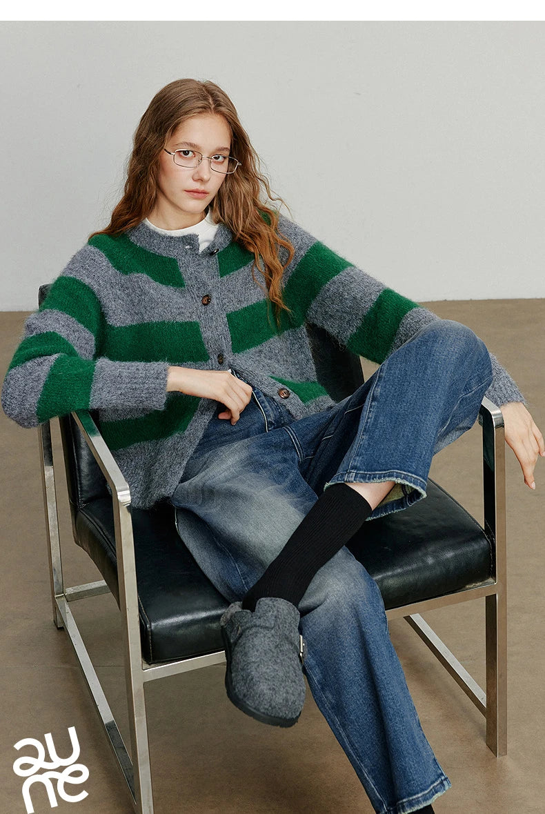 TOYOUTH Women Sweater 2025 Autumn New Color Contrasting Lulu Style Striped Cardigan Tops