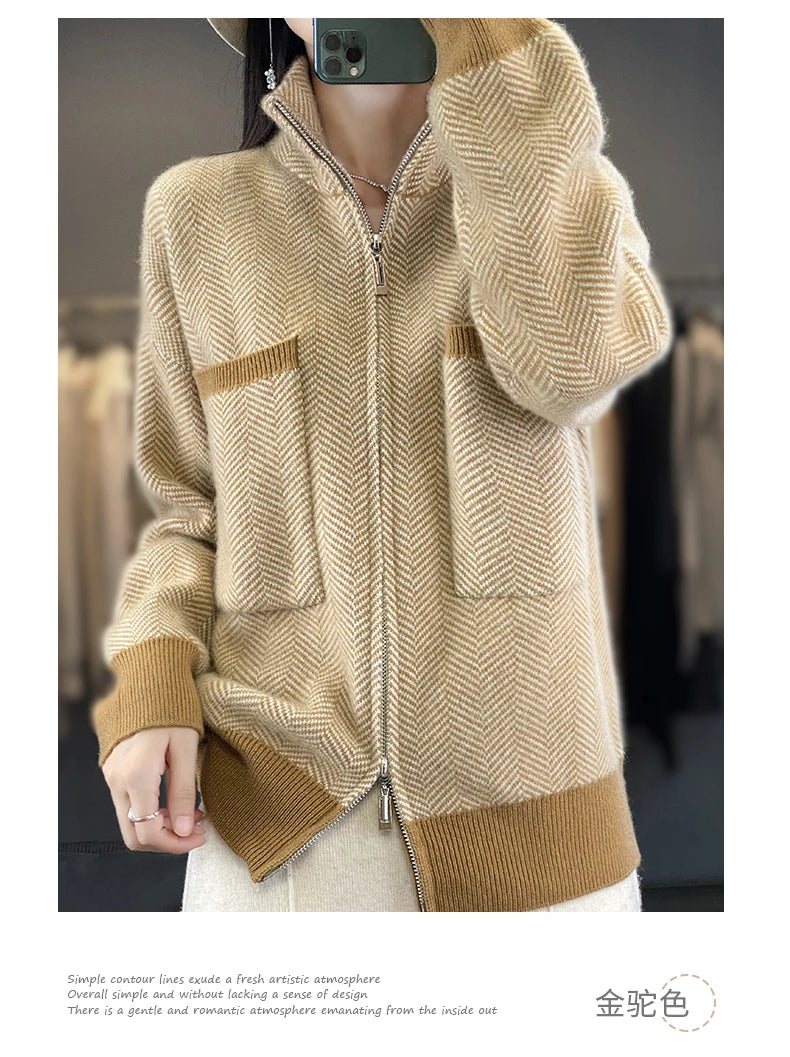 100% Merino Wool Women Sweater Casual Turtleneck Fancy Yard Cardigan Female Knitwear Long Sleeve Cashmere Overcoat Clothing Tops