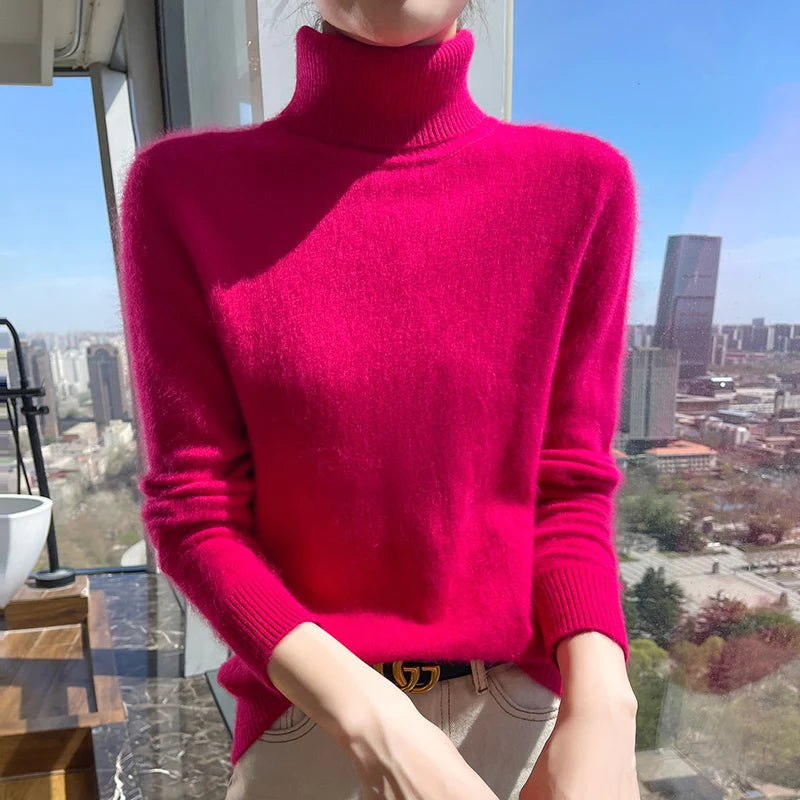 100% Mink Cashmere Top-Lapel Women Sweater Long-sleeves Fashion High-elasticity Sexy Winter Knitted Pullover Girl Tops 2024