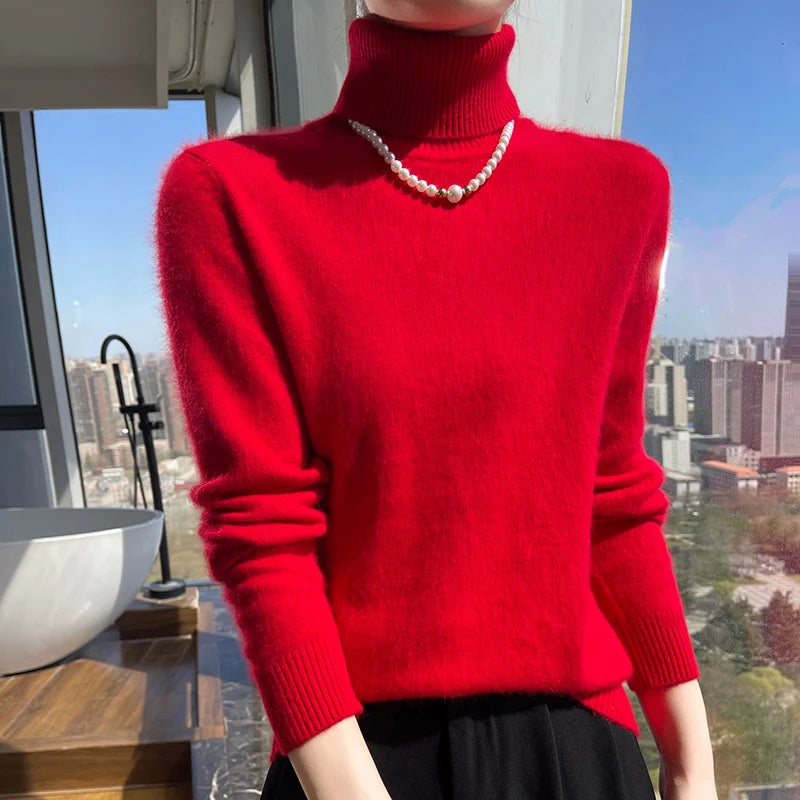 100% Mink Cashmere Top-Lapel Women Sweater Long-sleeves Fashion High-elasticity Sexy Winter Knitted Pullover Girl Tops 2024