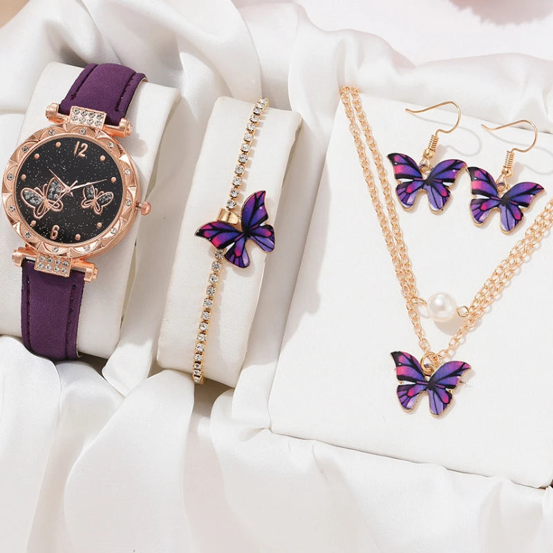 Female Clock Butterfly Dial Watches for Women 5pcs Set Women Quartz Watch Luxury Brand Design Simple Ladies Wristwatch Earrings