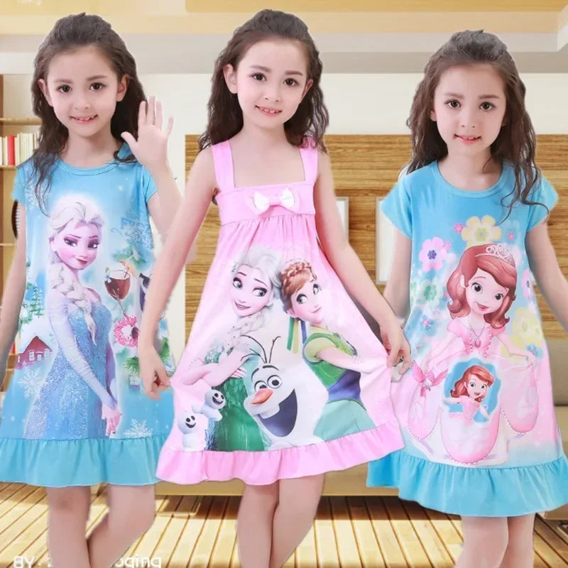Frozen Anna Elsa Olaf vestido de verano para niñas, ropa de dibujos animados para niños, pijamas de manga corta, vestido de princesa Snow Queen, ropa de dormir para niños