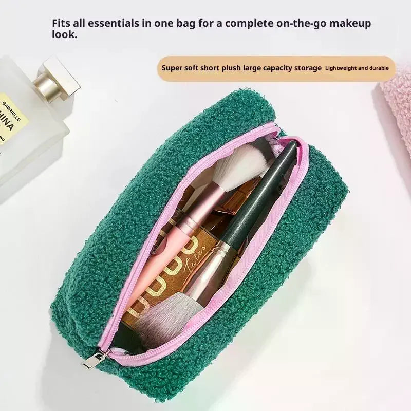 Cute Plush Makeup Bag For Women Portable Travel Small Cosmetic Bags Solid Color Zipper Toiletry Bag Washing Pouch Storage Bags