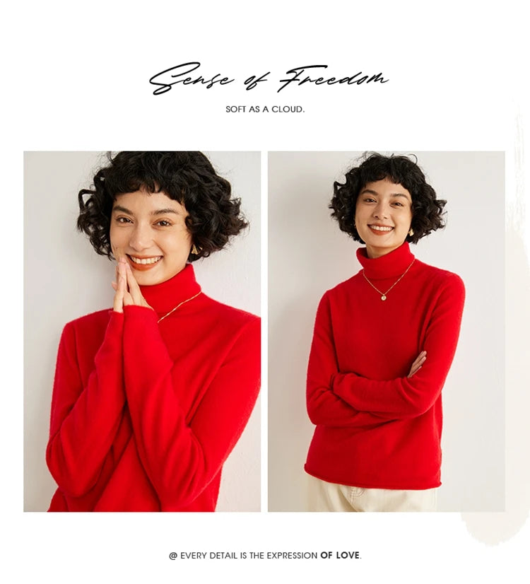 Women's 100% Cashmere Sweater Casual Solid Color Knitted Pullover Loose High Neck Jumper Autumn/Winter Warm Blouse Tops