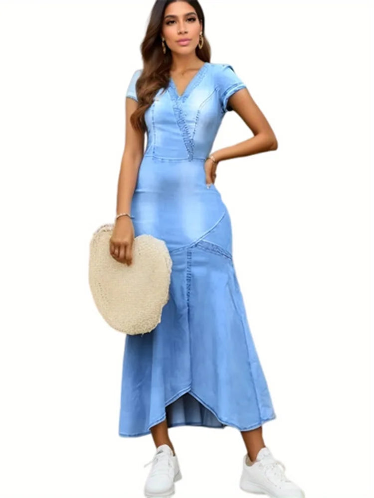 Plus Size Casual Plain V Neck Short Sleeve Denim Maxi Dress Fashion Summer Loose Sexy Holiday Long Dress Vestidos para mujer