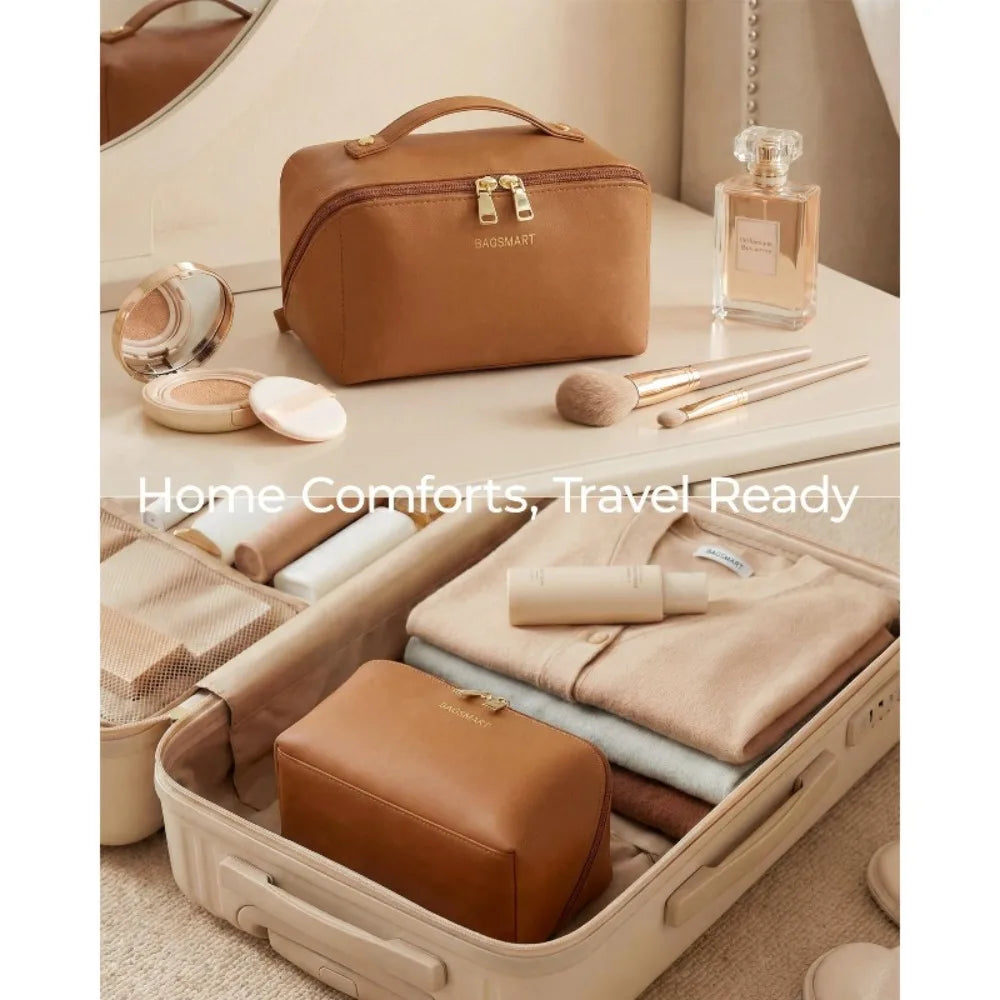 Large Travel  Cosmetic Bag Durable Makeup Bag Organizer High Capacity Makeup Bag Storage Pouch PU Leather Makeup Box for Girls