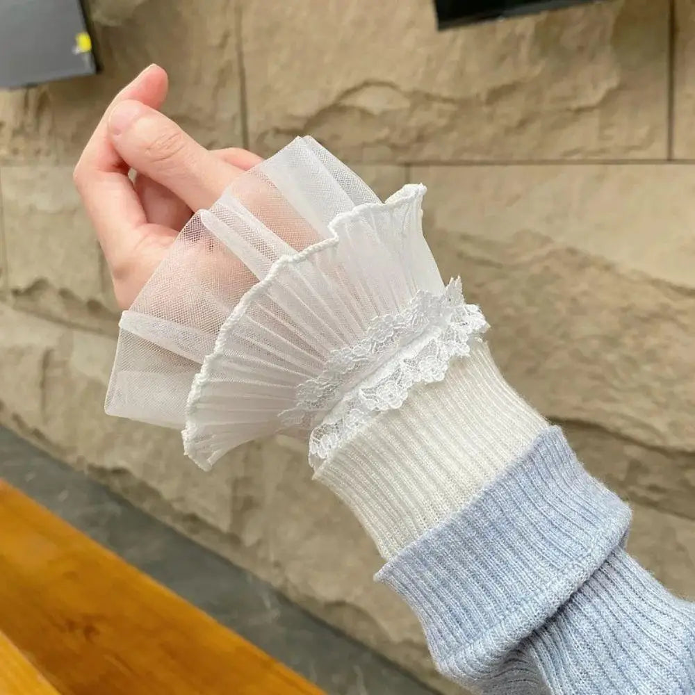 Women Sweater Fake Sleeves Hollow Out Crochet Floral Lace Horn Cuffs Embroidery Ruffles Elastic Wrist Warmers Lolita False Cuffs