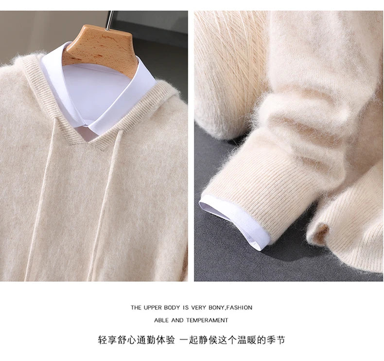 Men's Clothing: 100% Pure Mink Cashmere Knitted Sweater Casual And Loose Large-Sized Hooded Pullover Autumn Winter New Products