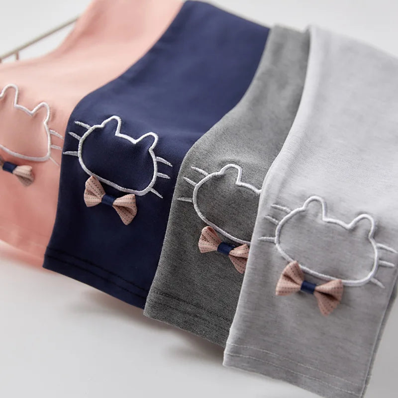 2023 Children Girls Leggings Cotton Elastic Waist Spring Autumn Thin Warm Plus Cute Print Bow Cat Kids Baby Bottom Part Pants