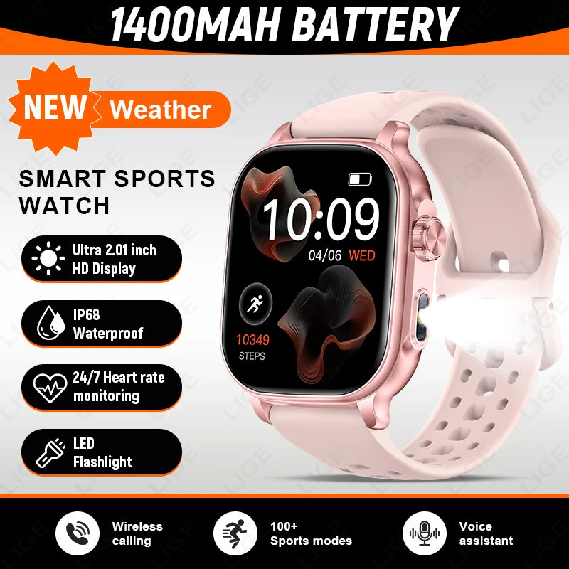 LIGE New Smart Watch Men Women 1400mAh Ultra Battery 2.01Inch HD Screen LED Flashlight IP68 Waterproof Bluetooth Call SmartWatch