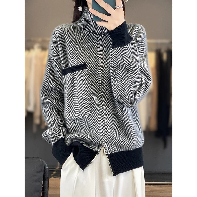 100% Merino Wool Women Sweater Casual Turtleneck Fancy Yard Cardigan Female Knitwear Long Sleeve Cashmere Overcoat Clothing Tops